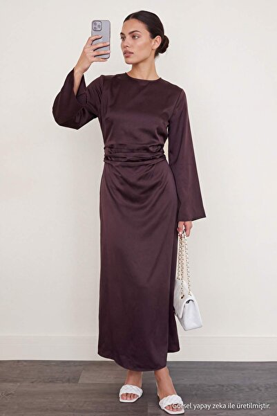 Trendyol Collection Brown Shift/Straight Cut Maxi Woven Satin Dress Tpraw27El...