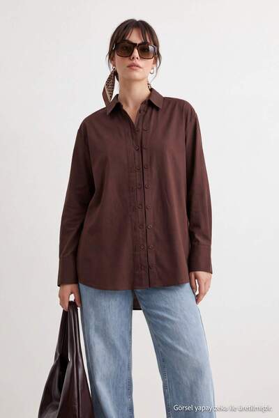 Trendyol Modest Braunes, doppelt geknöpftes Oversize-Hemd aus Baumwolle TCTAW...