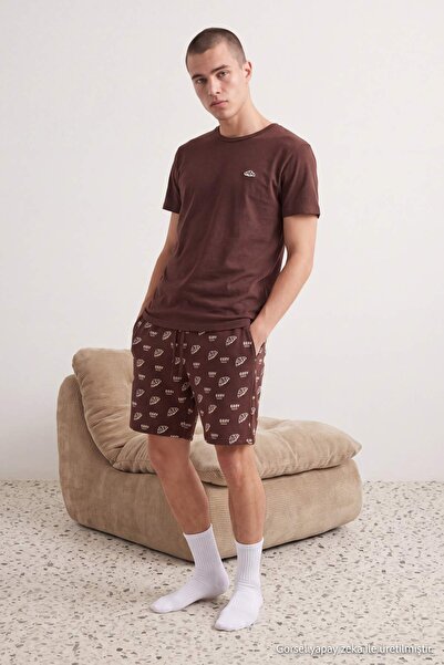 Trendyol Collection Brown Regular Fit Croissant Printed Knitted Pajama Set Tm...