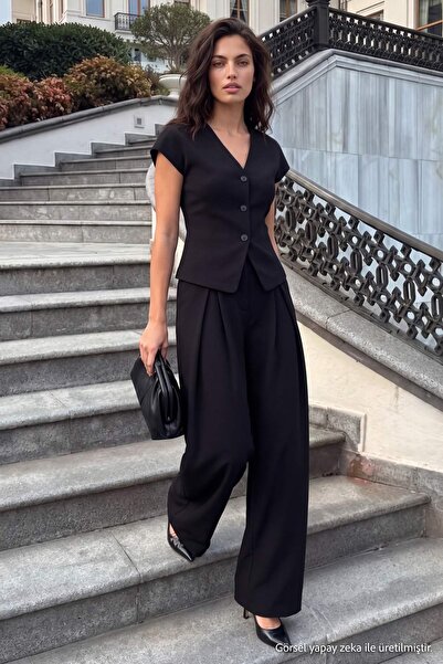 Trendyol Collection Black Fitted Vest Wide Leg Pleated Trousers Woven Bottom ...