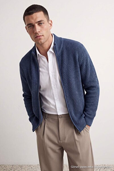 Trendyol Kollektion Indigo Regular Cardigan mit Stehkragen und geradem Reißve...