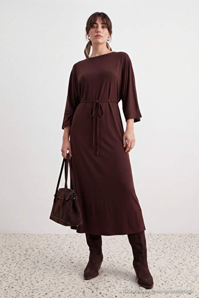 Trendyol Modest Brown A-Line/A Bell-Shaped Knitted Tie-Up Detail Batwing Slee...