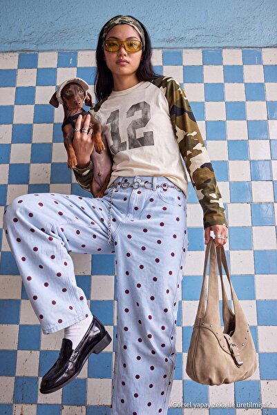 Trendyol Collection Multi-Colored Polka Dot Patterned High Waist Barrel Jeans...