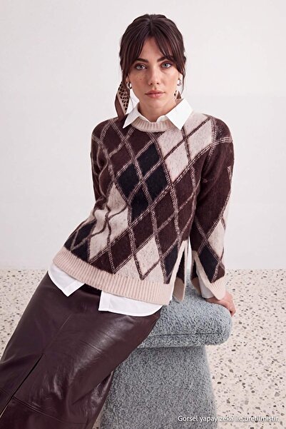 Trendyol Modest Stone Soft Textured Plaid / Checkered Thick Oversize Crew Nec...