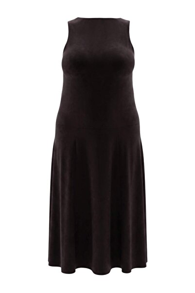 Trendyol Curve Dark Brown Sleeveless Suede Midi Woven Plus Size Dress Tbbaw27...