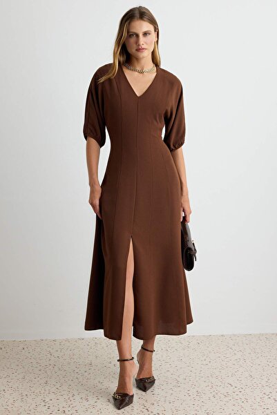 Trendyol Collection Brown Slit A-Line/ Bell-Shaped Midi Woven Dress Twoaw27El...