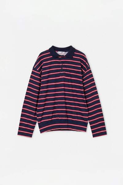 TRENDYOLKIDS Marineblaues gestreiftes Strick-T-Shirt mit Polokragen für Junge...