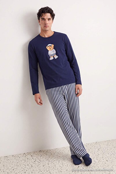 Trendyol Collection Navy Blue Regular Fit Striped Teddy Bear Printed Knitted ...