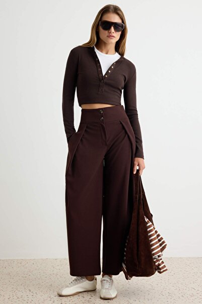 Trendyol Collection Brown Straight Wide Leg High Waist Pleated Detailed Knitt...
