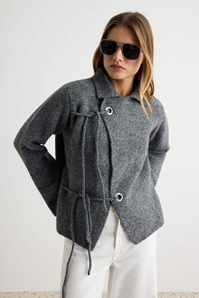 Trendyol Collection Anthracite Soft Textured Coat-Looking Knitwear Cardigan T...