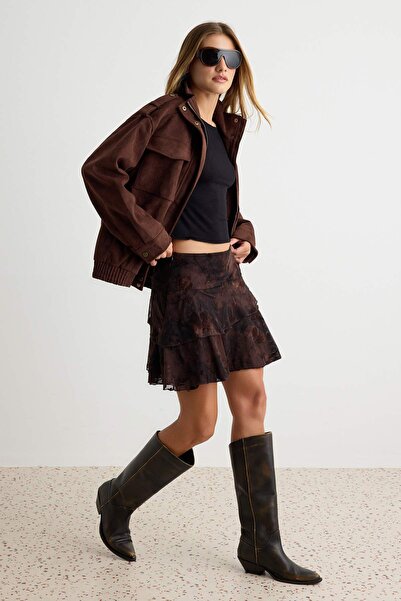 Trendyol Collection Brown Floral Patterned Mini Length Knitted Skirt with Sho...