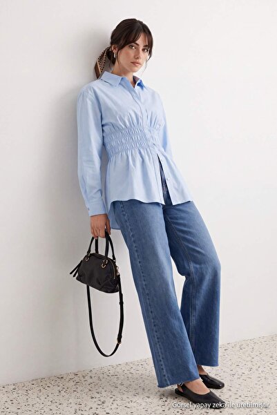 Trendyol Modest Light Blue Fitted Waist Pleated Woven Tunic Tctaw27Tg00016