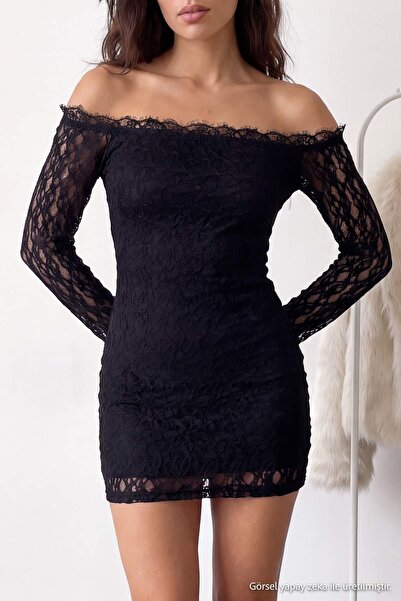 Trendyol Kollektion Schwarzes Carmen-Kragen-Bodycone/Körperbetontes kurzes/Mi...