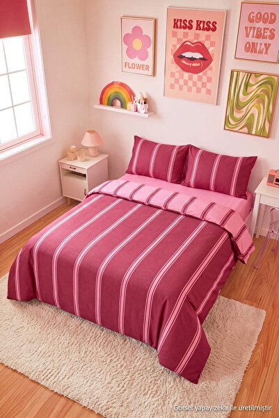 TRENDYOLMİLLA HOME Double Striped Reversible Elasticized Bed Sheet Set with F...