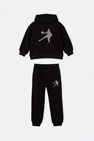TRENDYOLKIDS Black Hooded Printed Thick Non-Embossed Boys' Sweatshirt and Swe...