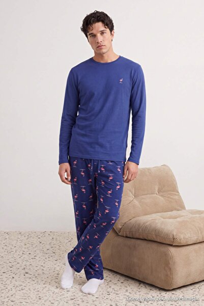 Trendyol Collection Navy Blue Regular Fit Flamingo Printed Knitted Pajama Set...