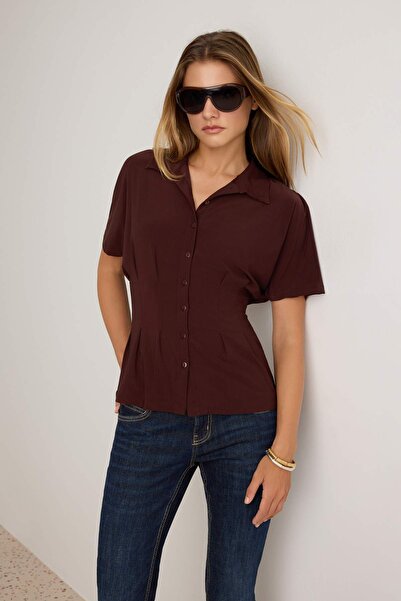 Trendyol Collection Dark Brown Plain Peplum Shirt Collar Buttoned Sandy Long ...