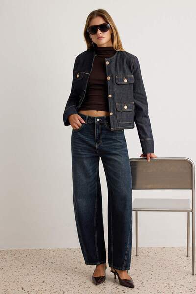 Trendyol Collection Dark Blue 100% Cotton High Waist Barrel Jeans with Stitch...