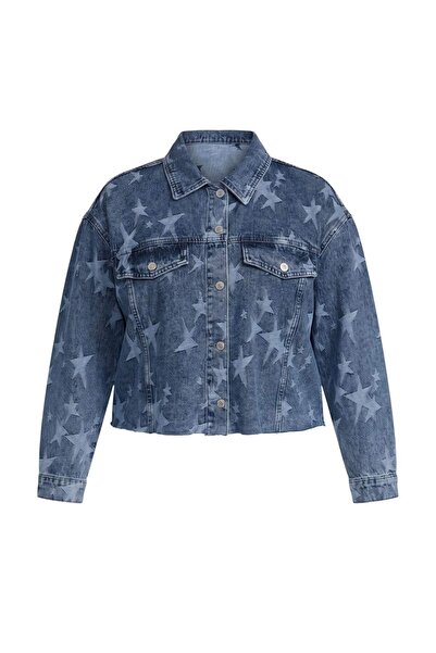 Trendyol Curve Blaue Jacke mit Sternenmuster, Hemdkragen, verkürzter Schnitt,...