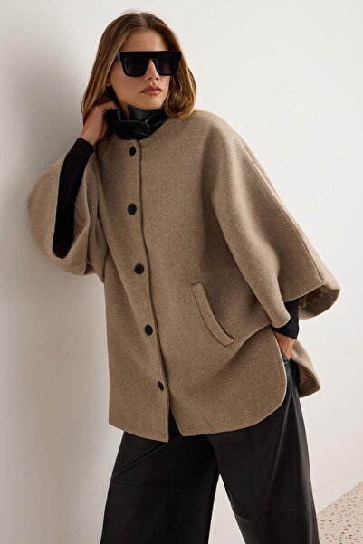 Trendyol Collection Mink Collar Faux Leather Detailed Mono Closure Cape Midi ...
