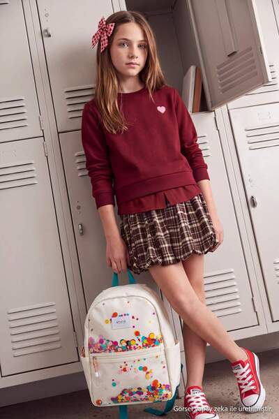 TRENDYOLKIDS Hanorac pentru fete din bumbac roșu claret, cu broderie inimă, g...