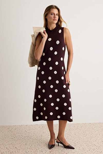 Trendyol Collection Brown a Line Polka Dot Patterned High Neck Sleeveless Kni...