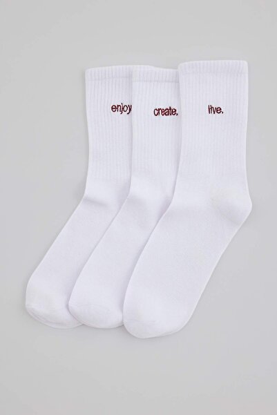 Trendyol Collection Șosete albe unisex brodate, pachet de 3, pentru băieți TM...