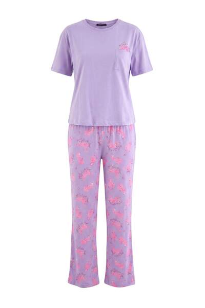 Trendyol Collection Set pijamale tricotate cu buzunare, 100% bumbac, cu model...
