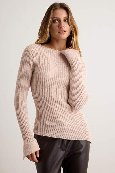 Trendyol Collection Beige Ribbed Asymmetrical Hem Detailed Knitwear Sweater T...