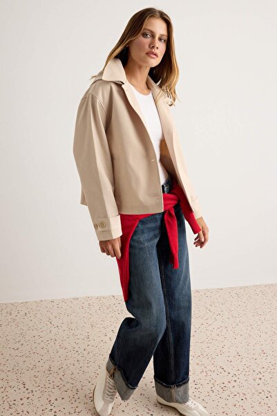 Trendyol Collection Beige Hooded Oversize Short Trench Coat Twoaw27Tr00035