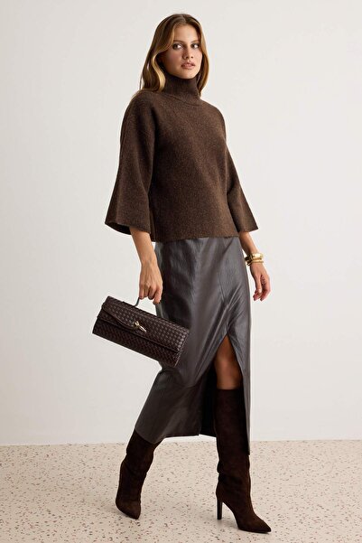 Trendyol Collection Brown High Neck Oversize Soft Textured Knitwear Sweater T...