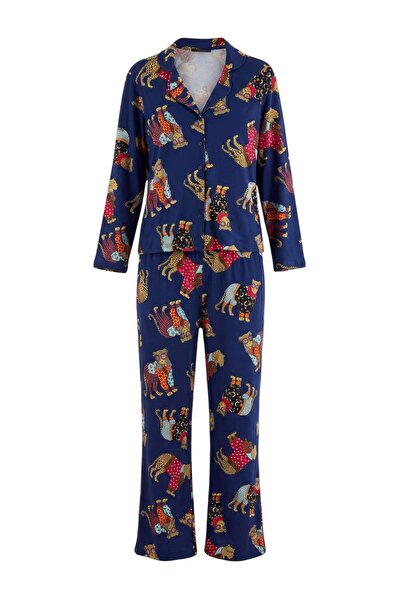 Trendyol Collection Navy Blue 100% Cotton Printed 30/1 Openend Single Jersey ...