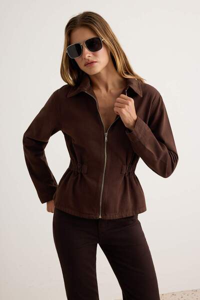 Trendyol Collection Brown Zipper Detailed Peplum Denim Jacket Twoaw27Ce00040
