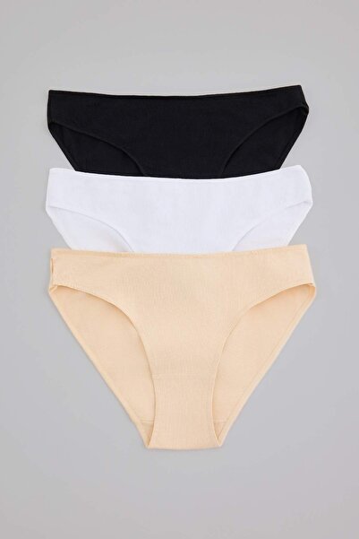 Trendyol Collection Black-White-Tan 3-Piece Single Jersey Plain Slip Panties ...