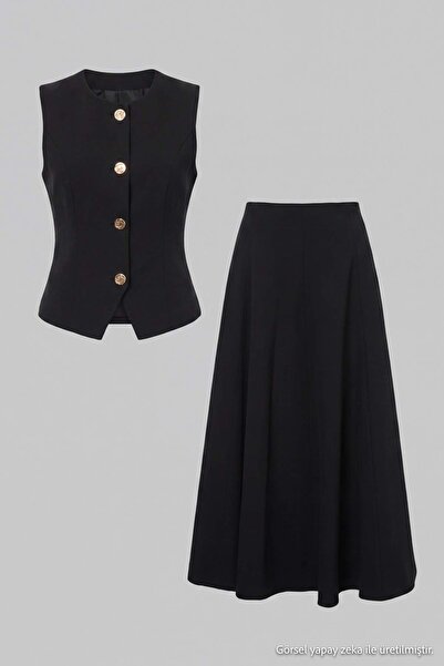 Trendyol Modest Black Fitted Vest Maxi Skirt Bottom - Top Set Tctaw27Us00027
