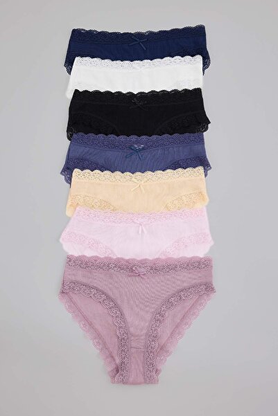 Trendyol Collection Black-Multicolor 7-Piece Camisole Plain Slip Panties Thma...
