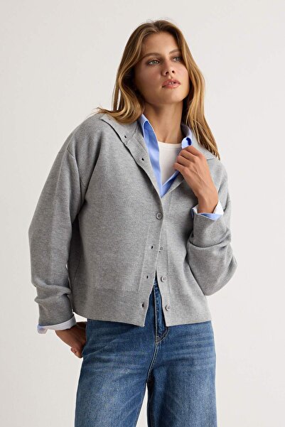 Trendyol Collection Gray Soft Stand Collar Low Sleeve Basic Knitwear Cardigan...