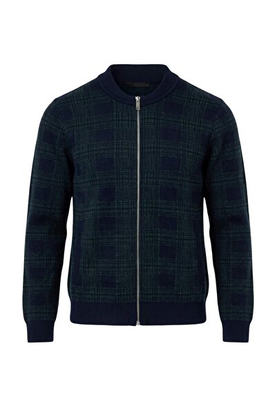 Trendyol Collection Navy Blue Premium Yarn/Special Yarn Plaid Patterned Knitw...