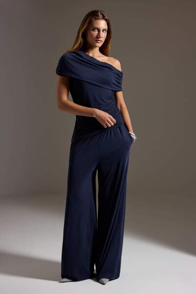 Trendyol Collection Navy Blue Fitted/Asymmetrical Collar Gathered Modal Fabri...