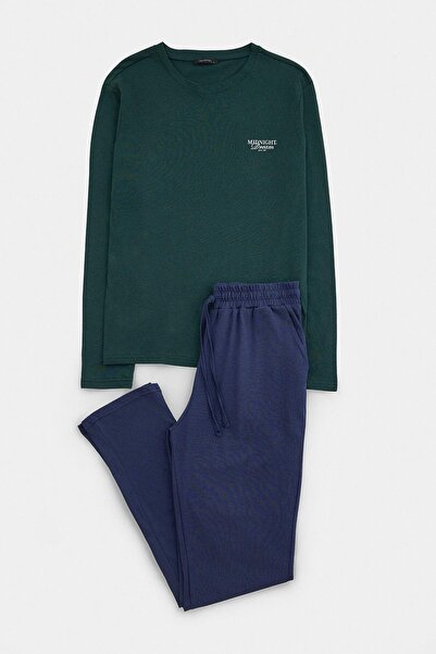 Trendyol Collection Green-Navy Blue Regular Slogan Printed Knitted Pajama Set...