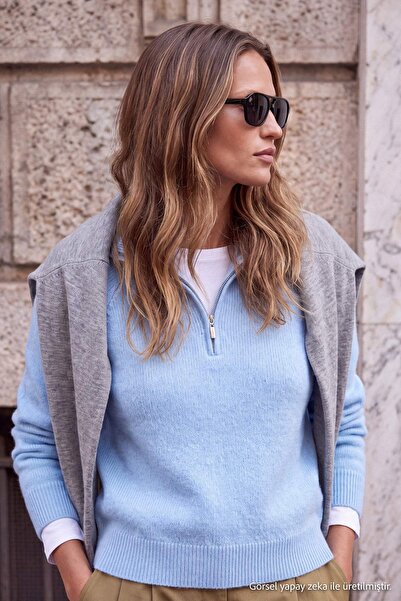 Trendyol Collection Wardrobe Essentials Light Blue Soft Zipper High Neck Knit...