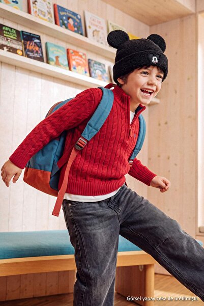 TRENDYOLKIDS Red Boy's Stand Collar Zippered Embroidered Knitwear Sweater Tkd...