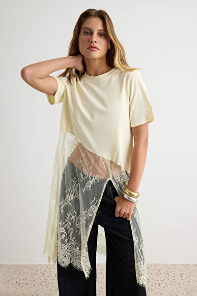 Trendyol Collection Yellow Plain Lace Detailed Regular Fit Knitted T-Shirt Tw...