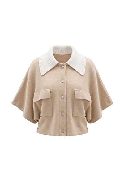 Trendyol Collection Mink Contrast Polo Collar Pocketed Knitwear Poncho Twoaw2...