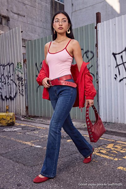Trendyol Collection Blue Medium Stretch Stitch Detail Low Waist Flare Spanish...