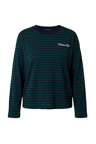 Trendyol Collection Green Cotton Striped Front and Back Printed Oversize/Wide...