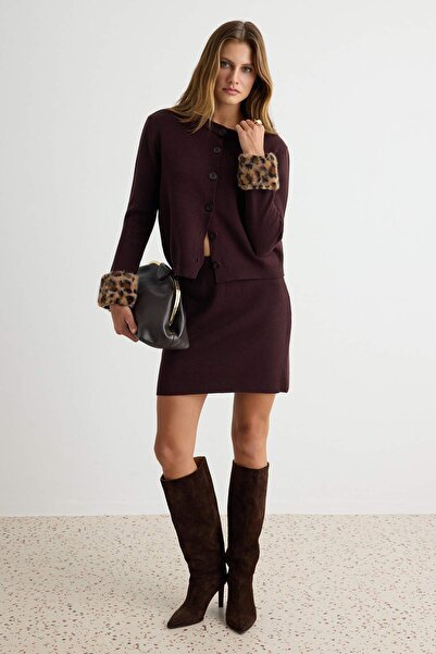 Trendyol Collection Brown Leopard Fur Sleeve Cardigan Skirt Knitwear Bottom -...