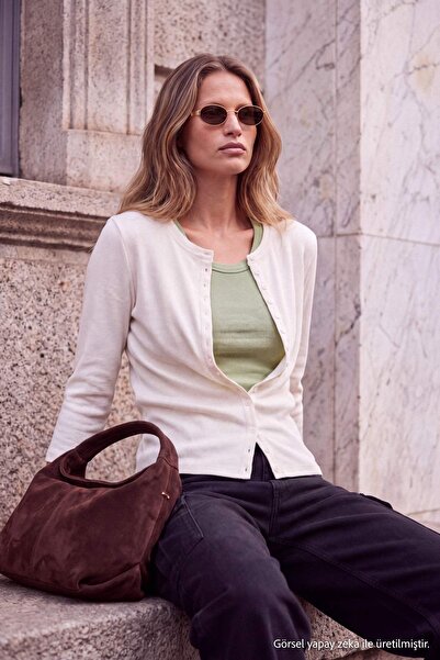 Trendyol Collection Wardrobe Essentials Ecru Crew Neck Three Quarter Sleeve B...