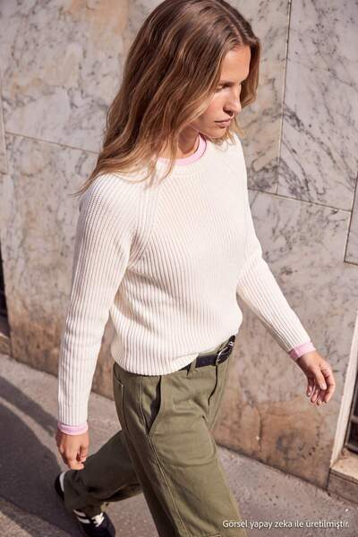 Trendyol Collection Wardrobe Essentials Ecru Raglan Sleeve Cotton Basic Knitw...