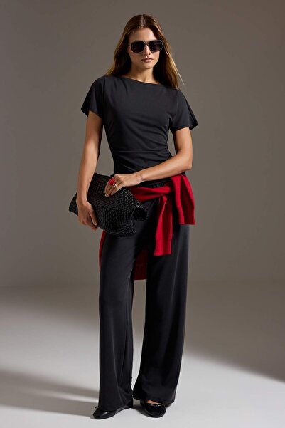 Trendyol Collection Black Plain Fitted/Wide-Leg Gathered Knitted Top and Bott...